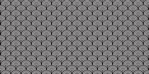Vector seamless vintage pattern of overlapping arcs in art deco style. Modern stylish abstract texture. Repeating geometric tiles from striped elements