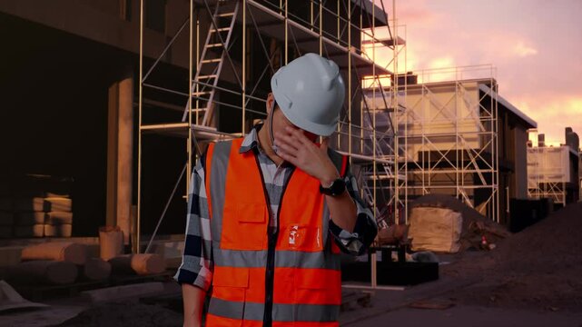 Asian Male Engineer With Safety Helmet Having A Headache While Working At Building & Construction Site in Progress to New House