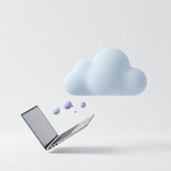 Cloud migration, laptop lift off, pastel blue tech art, clean minimal style, dynamic flat illustration, smooth soft lines