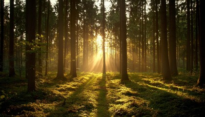 Naklejka premium Sunlight streams through forest canopy