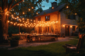 Obraz premium A backyard patio with string lights over the table.