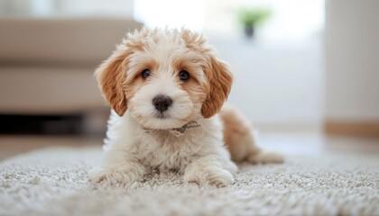 Fototapeta na wymiar Adorable puppy lying on carpet