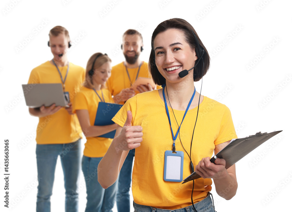 Poster technical support call center. team of friendly operators on white background