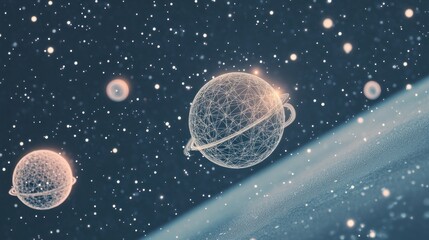 Abstract cosmic scene with wireframe planets and stars.