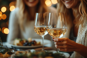 Two women toasting wine glasses at a dinner table.