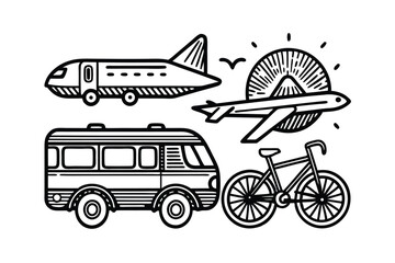 Transport and Travel Hand Drawn Line Symbols
