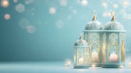 Fototapeta premium Ramadan lanterns with teal background. (3)