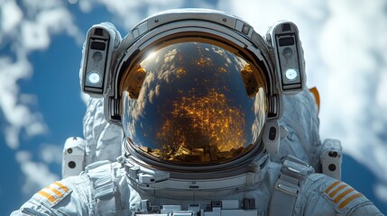 Fototapeta premium Astronaut helmet close-up with reflection of Earth and stars in space, dreamy atmosphere.