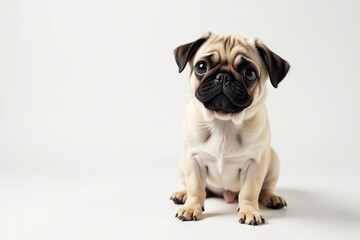 Obraz premium A single, playful pug against a pure white backdrop, pug, playful
