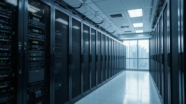 Modern data center interior server racks