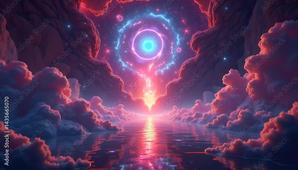 Poster a mystical forest filled with towering trees drenched in bright colors creates a surreal ambiance as