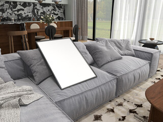 modern living room with black vertical frame mockup on grey sofa, blank poster mock-up with kitchen, 3d render