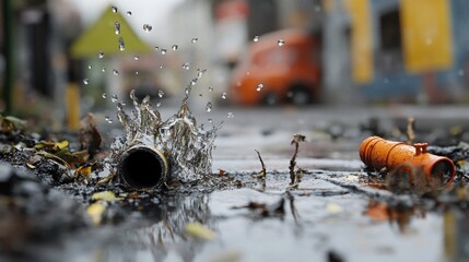 Water splashing from broken pipe on urban street.