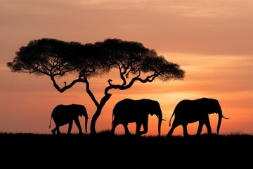 Fototapeta premium Elephant Kin Shadows at Dazzling Sunset Over Serengeti Plains in Africa