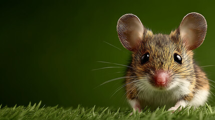 Close-up of a curious mouse on vibrant green grass with a soft blurred background