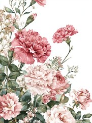 Elegant watercolor bouquet of large peonies and carnations in gentle pink and cream tones, forming a lush and romantic floral scene.