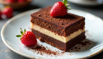 Rich chocolate-dusted tiramisu, elegant presentation, cake, espresso