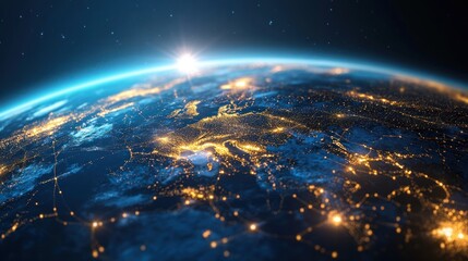 Obraz premium Global network connections illuminating Europe at night, seen from space.