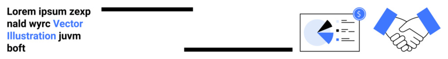 Handshake beside a data chart with pie graph and dollar symbol. Ideal for business, partnership, teamwork, financial success, collaboration, corporate deals, simple landing page