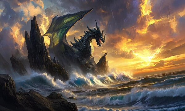 Animated Drogon in the sea at sunset