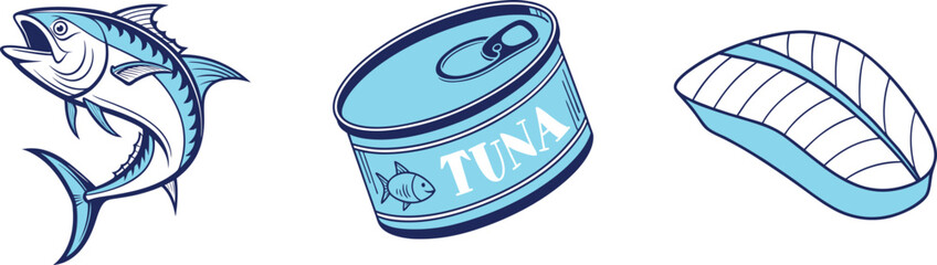 tuna fish icons set included tuna fish, tuna can, piece of tuna, canned tuna fish. blue vector illustration