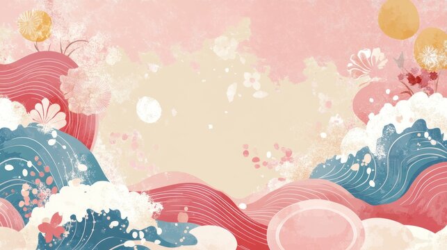 Abstract pink and blue wave landscape with flowers and sun.