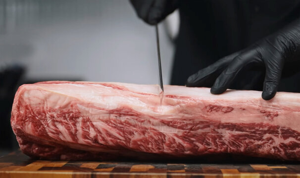 Chef slicing a large marbled beef slab on a wooden butcher board, showcasing premium meat preparation in a professional kitchen setting.