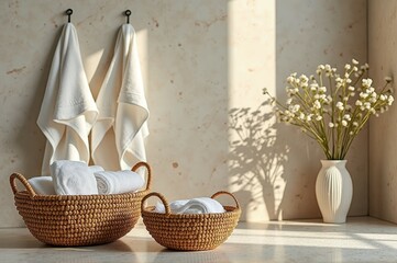 Cozy bathroom decor with towels and wicker baskets in sunlit space