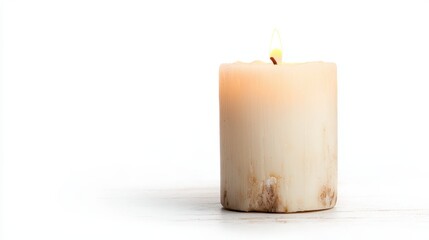 A robust beige candle rests in a glass holder, its flickering flame creating a cozy atmosphere, perfect for evoking feelings of warmth and relaxation in a serene environment.