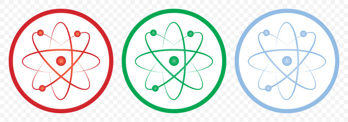 Colored atom icon. Vector illustration. Atom icon and Atom ways Set of 3. Atom icon in flat design. Set molecule symbol or atom symbol isolated on Transparent Background. EPS 10.