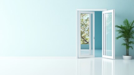 A contemporary room featuring open doors, revealing soothing blue hues and lush indoor plants that enhance the fresh, inviting atmosphere of the clean, serene space.