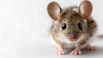 Close-up of a curious mouse with large ears and bright eyes on a soft white background