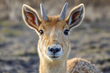 Fototapeta premium Young lechwe antelope is looking at the camera in natural habitat