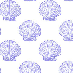 Seamless background pattern with hand drawn blue scallop shells. Vintage marine illustration in line art style. Ocean beach summer design. Blue scallop shells seamless background pattern