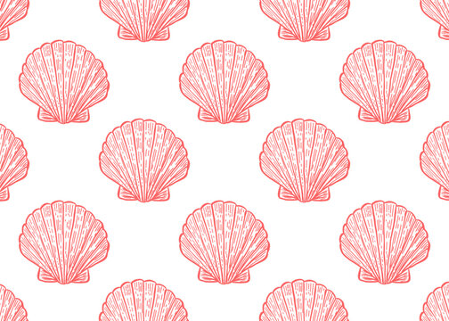 Seamless vector pattern with hand drawn seashells. Vintage line art design with detailed scallop shells in red on white background. Perfect for summer, beach, and nautical projects. 