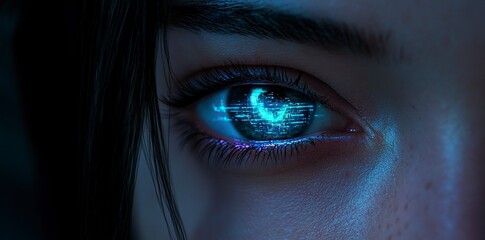 Close-up of a woman's eye with a digital world on the iris, against a black background. The color scheme is blue and teal, with a tech theme. The digital world is reflected in her eyes, creating a bok