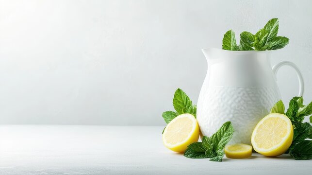 A bright and refreshing lemonade pitcher, surrounded by fresh lemon slices and mint, ideal for a summer gathering or as a seasonal beverage highlight.