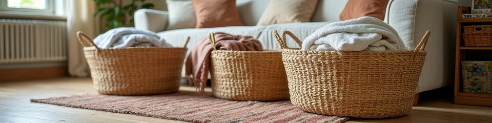 Obraz premium Cozy living room with blankets in woven baskets on a rug by a sofa