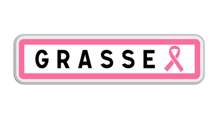 Panneau de sortie de Grasse, Alpes-Maritimes, Provence-Alpes-Côte d'Azur avec Ruban Octobre Rose