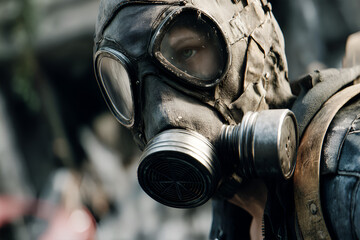 Lone Survivor's Determined Gaze through a Worn Gas Mask Post Apocalyptic Wasteland