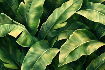Bunch of green banana leaves in tropical garden, vibrant and lush, under sunny skies with shadows creating a natural pattern on the ground.