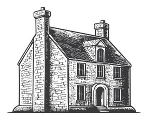 Vintage Woodcut Illustration of a Traditional Stone House Design