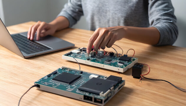 Young Maker Building Arduino Breadboard Project with LEDs and Laptop

