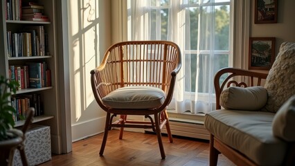 Cozy sunlit reading nook with rattan chair and soft cushions by a bright window
