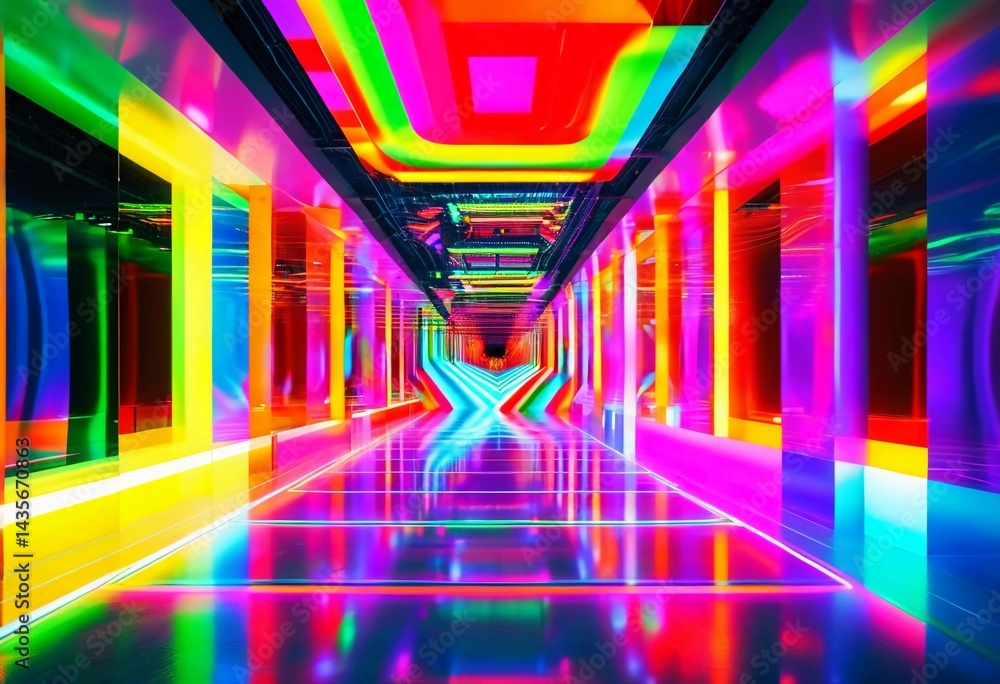 Poster a striking hallway illuminated with bright psychedelic colors enhances the atmosphere at a nighttime