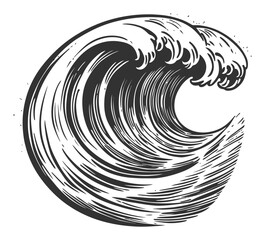 Vintage Woodcut Style Illustration of a Vibrant Ocean Wave