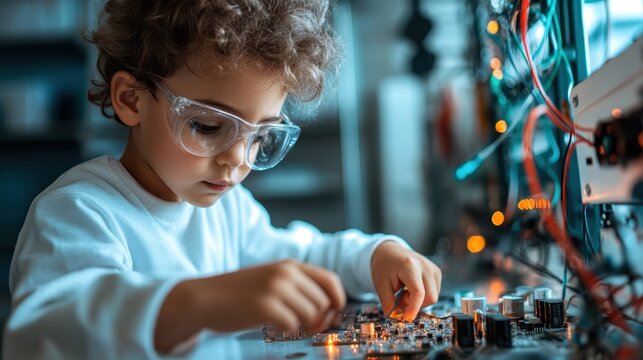 A focused young child works intently on a circuit board, showcasing curiosity, creativity, and a passion for technology and engineering in a vibrant learning environment.