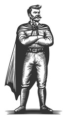 Vintage Woodcut Style Illustration of a Heroic Man in Cape