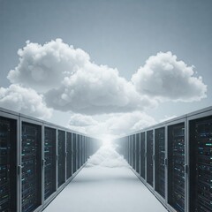 Scalable cloud servers, minimal blue tech, endless racks, clean SaaS art, simple design, light cloud