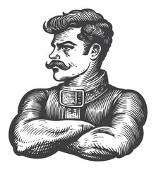 Vintage Woodcut Style Illustration of a Strong Man with Mustache